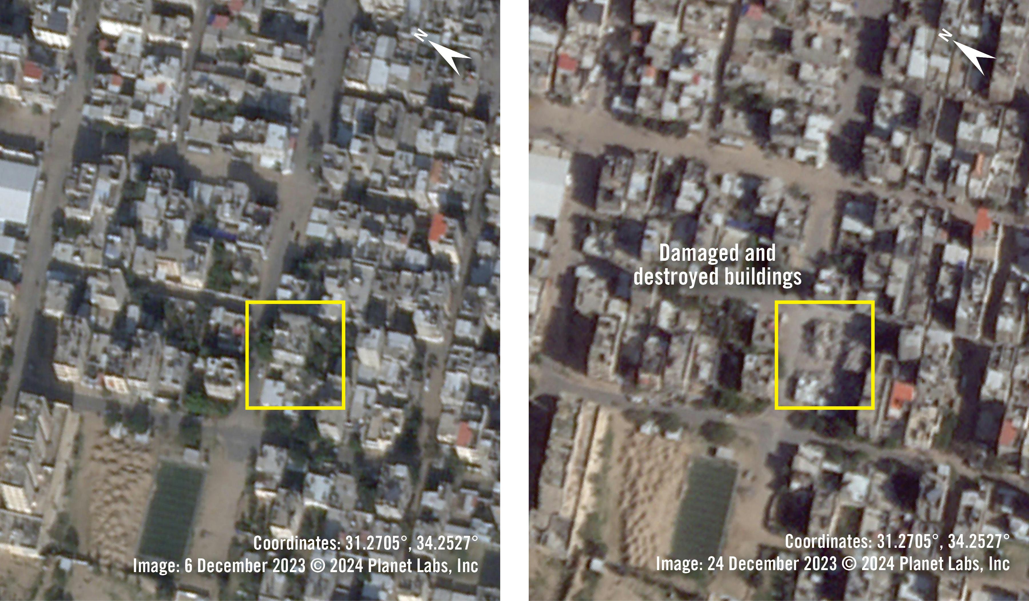 images satellite avant/après la frappe israélienne qui a touché la famille Shehada le 14 décembre dans le quartier Brazil à Rafah, chef-lieu du sud de la bande de Gaza