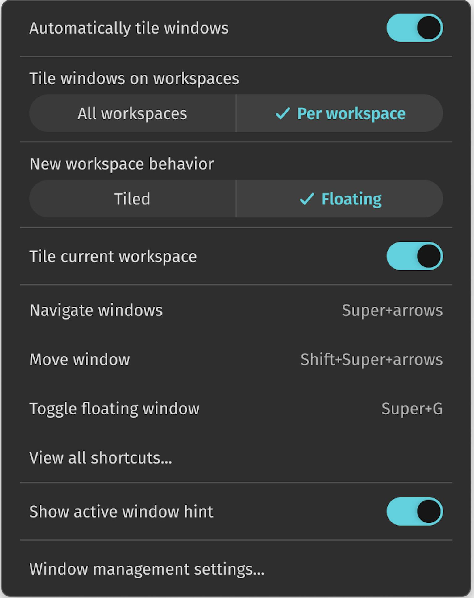 Tiling settings as the user would see them from the applet in the top bar. This includes shortcuts for navigating between windows or moving them, showing or hiding the active hint, and toggling between active or floating windows.
