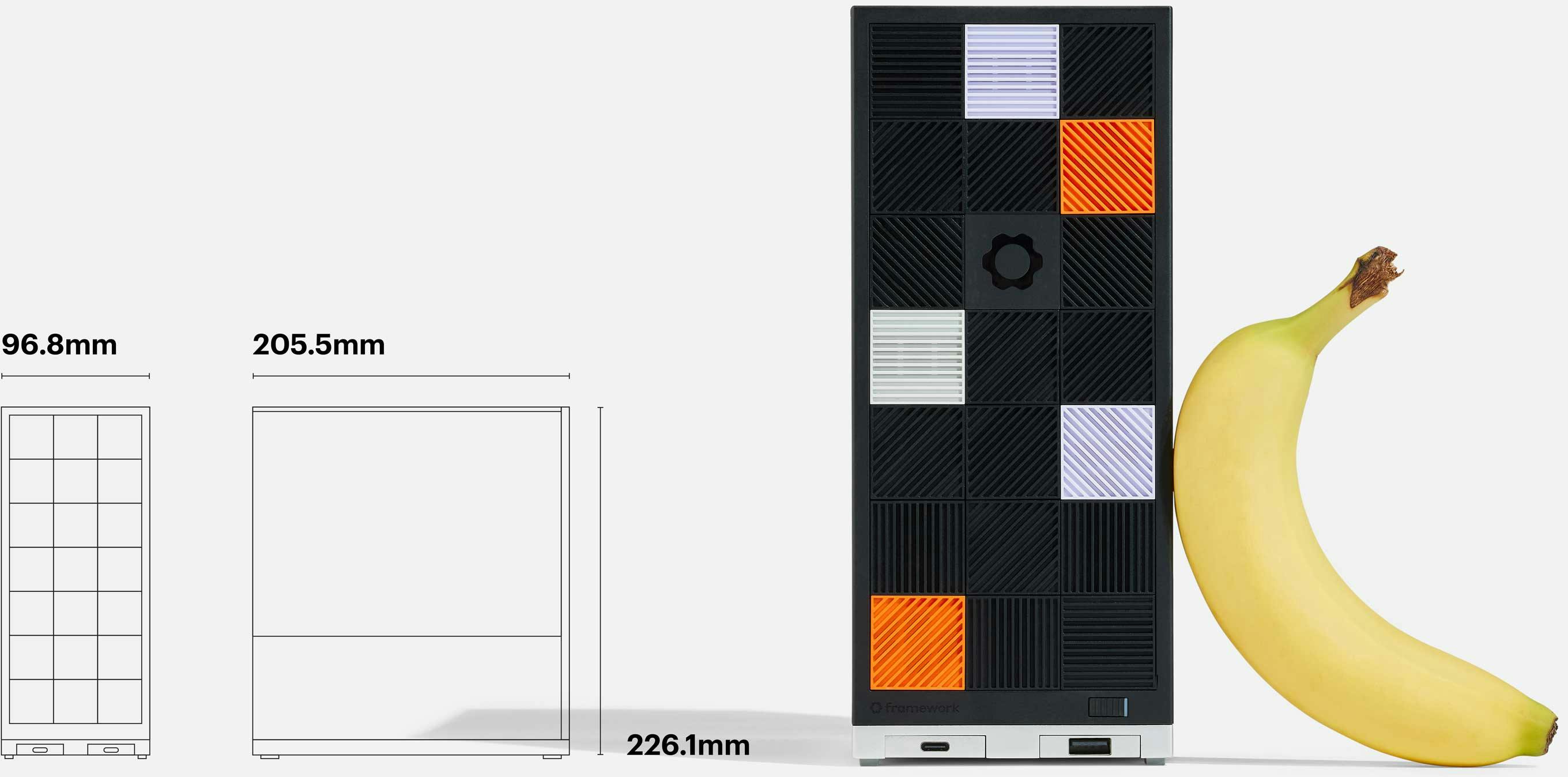 Size comparison of Framework Desktop with a banana along with dimensions –  96.8 x 205.5 x 226.1mm
