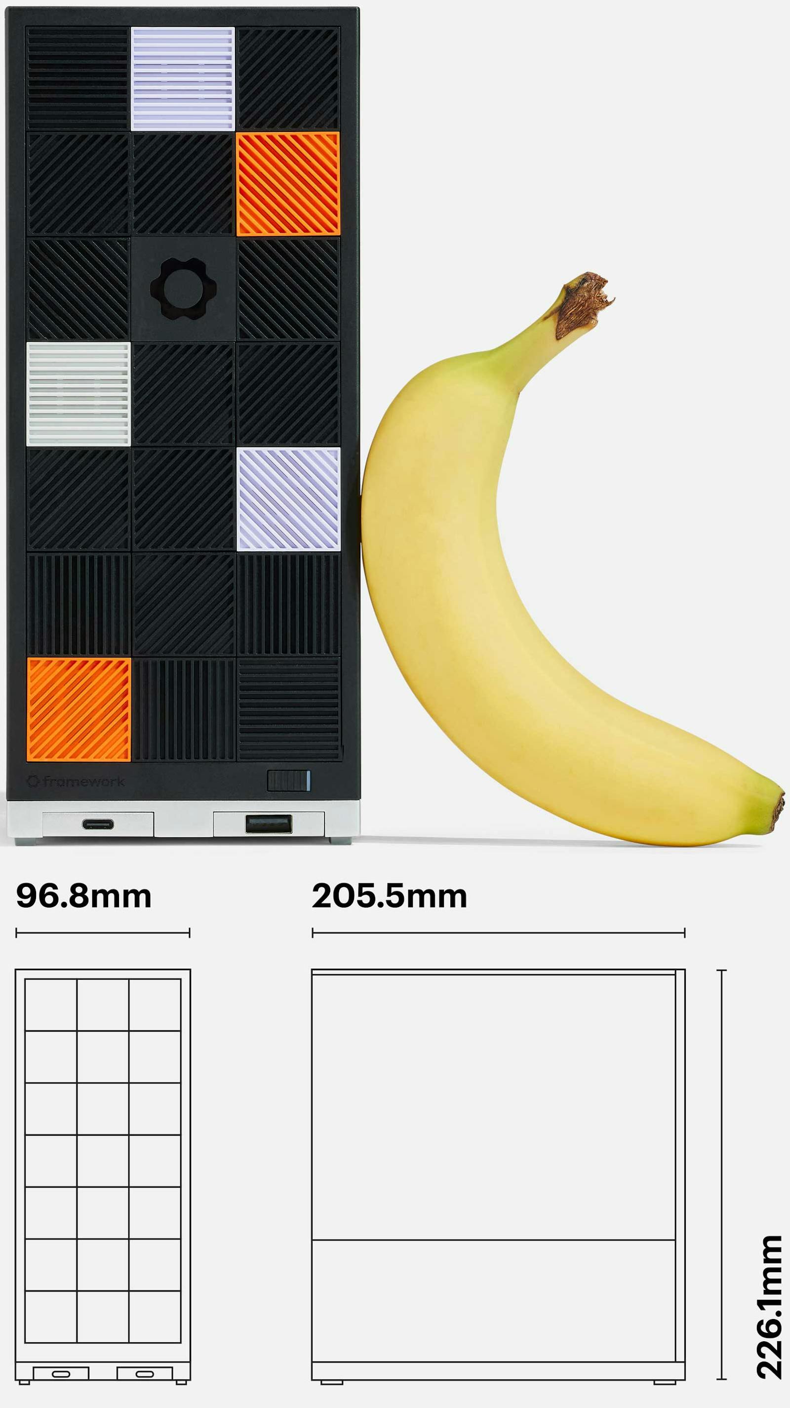 Size comparison of Framework Desktop with a banana along with dimensions – 96.8 x 205.5 x 226.1mm