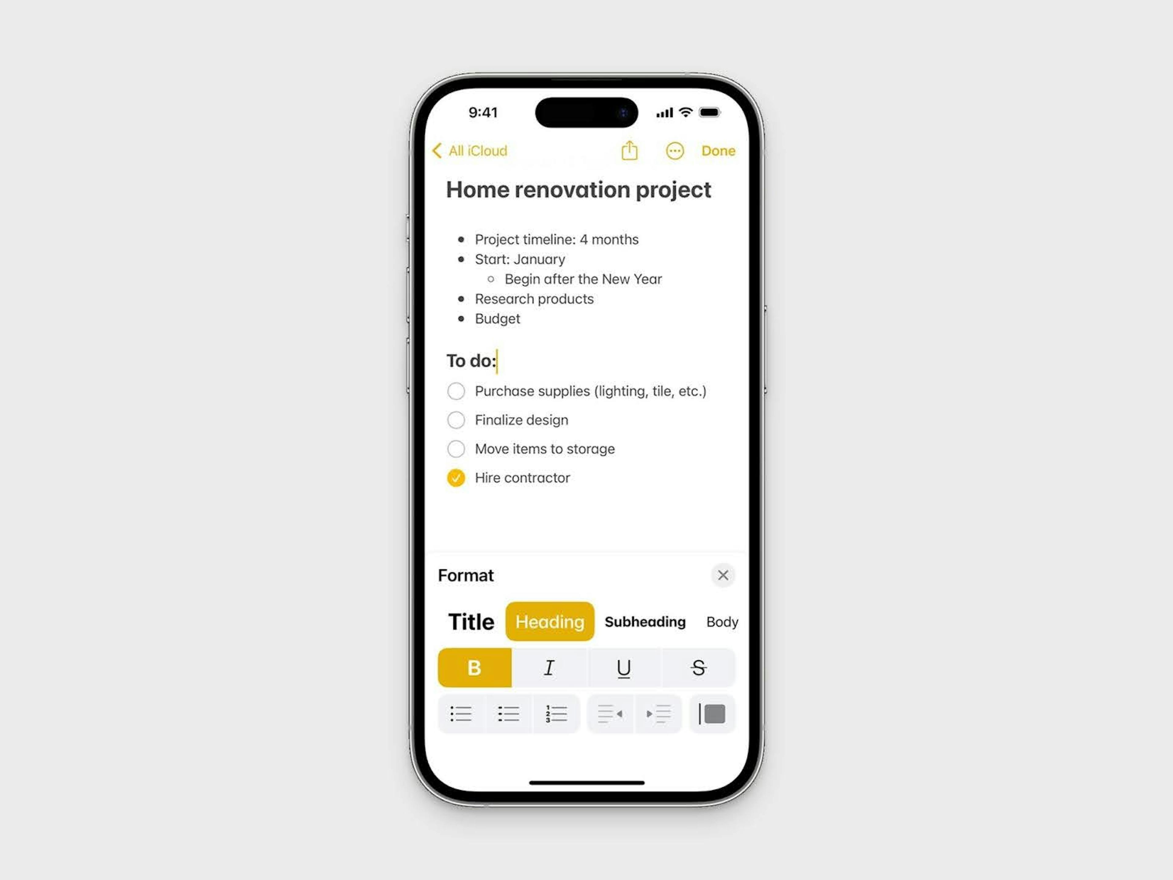 Apple Notes layout on iPhone