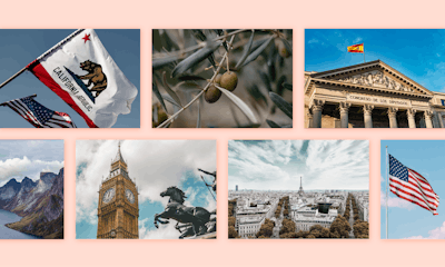 A collage of image showing flags and places of interest in multiple countries.