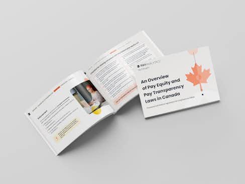 A graphic showing example pages from the PayAnalytics by beqom e-book for pay equity in Canada.
