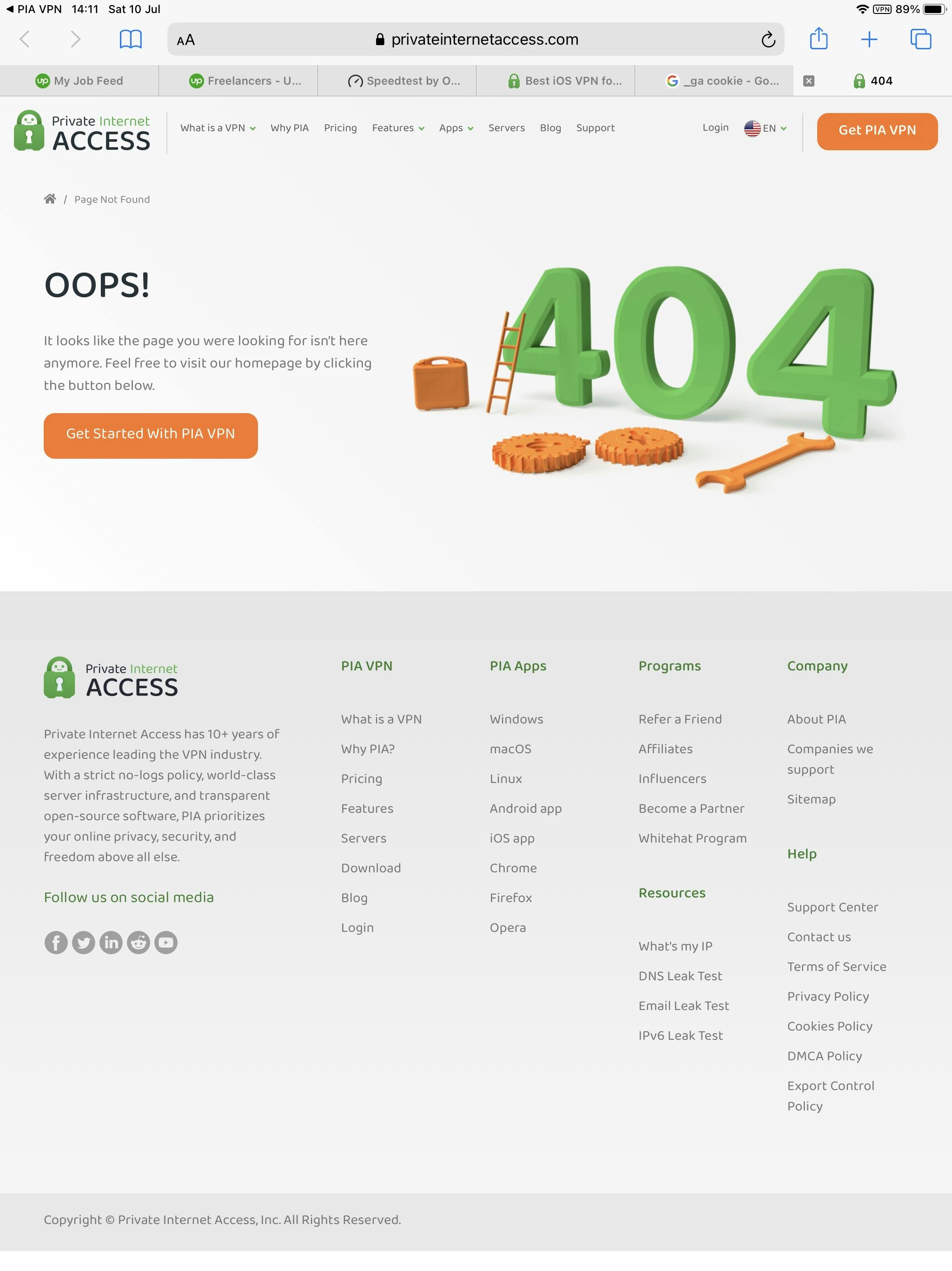 PIA Support Error 404