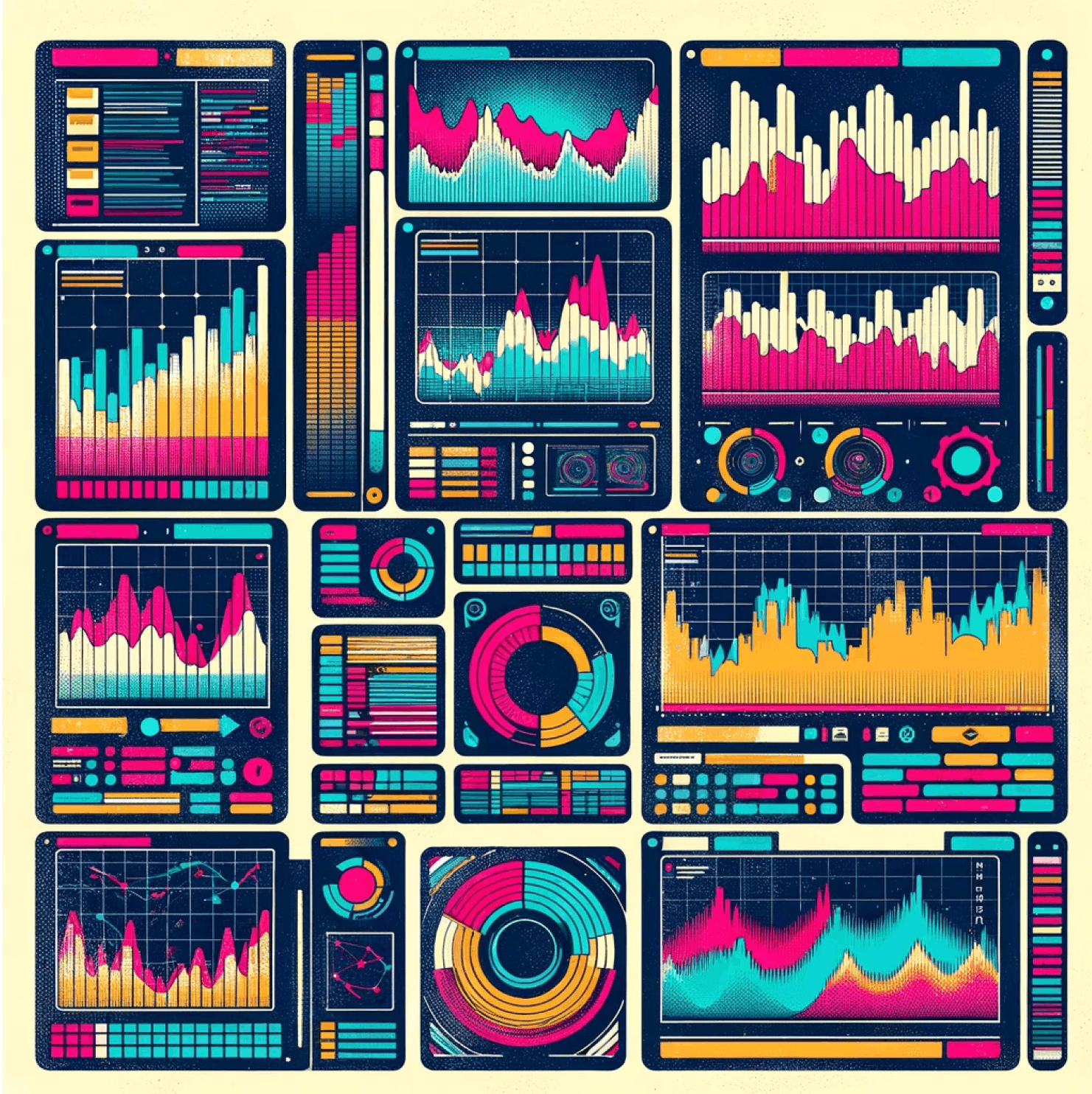 A collection of screens showing graphs.