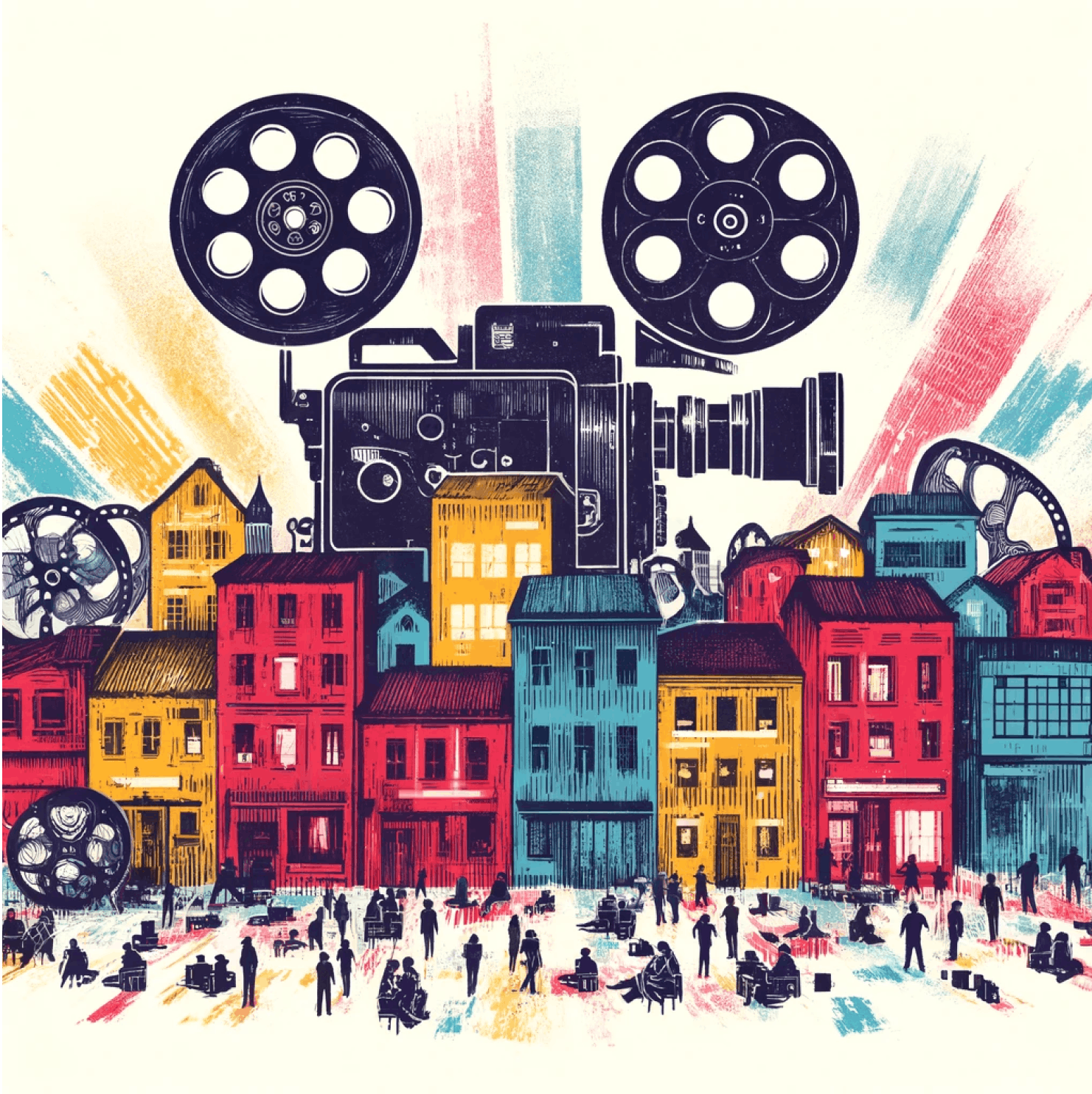 An old style video camera that is in the background of a townscape with people gathering around.