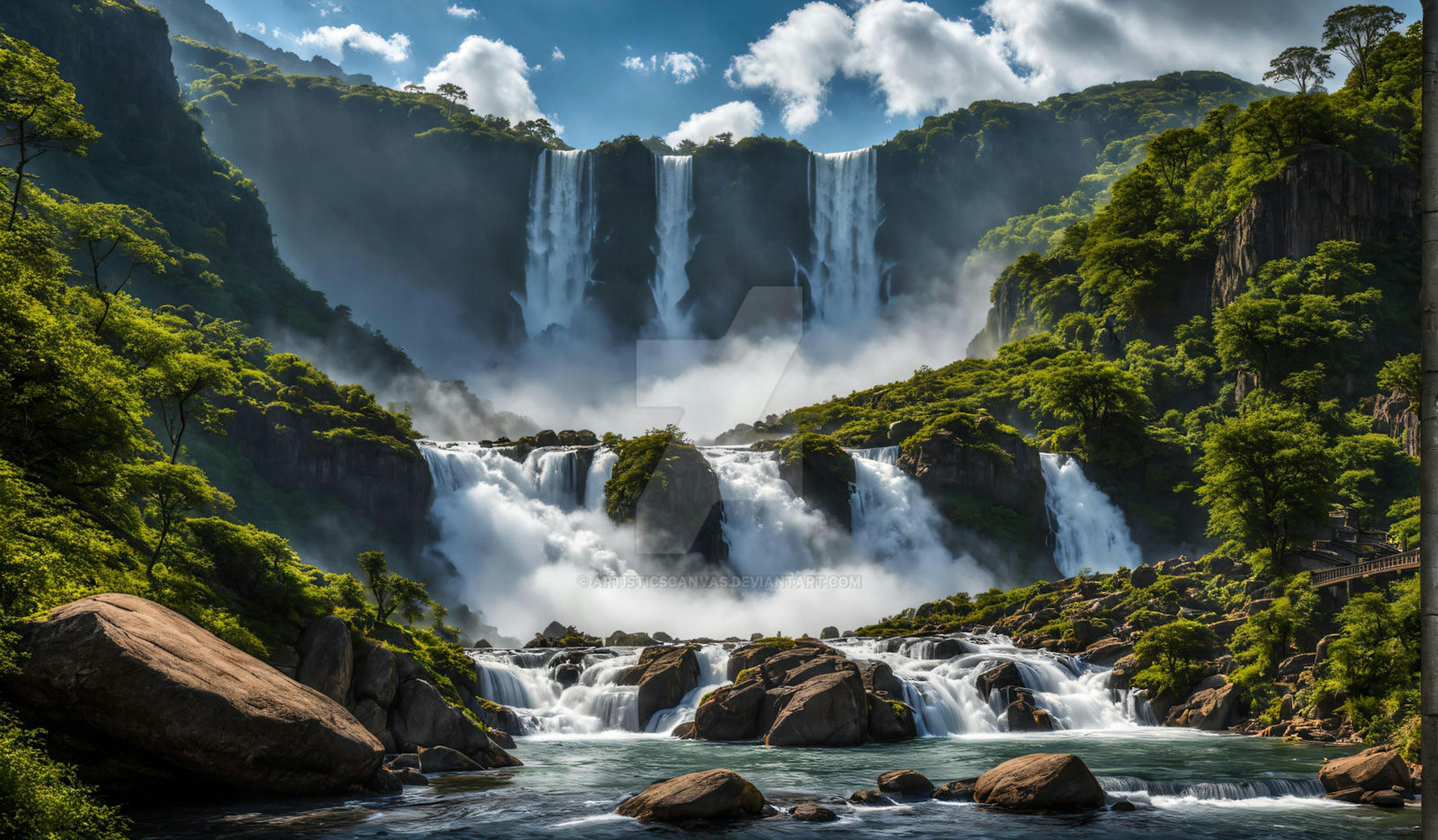 A grandiose image of a multi-stepped, very large waterfall on a beautiful day