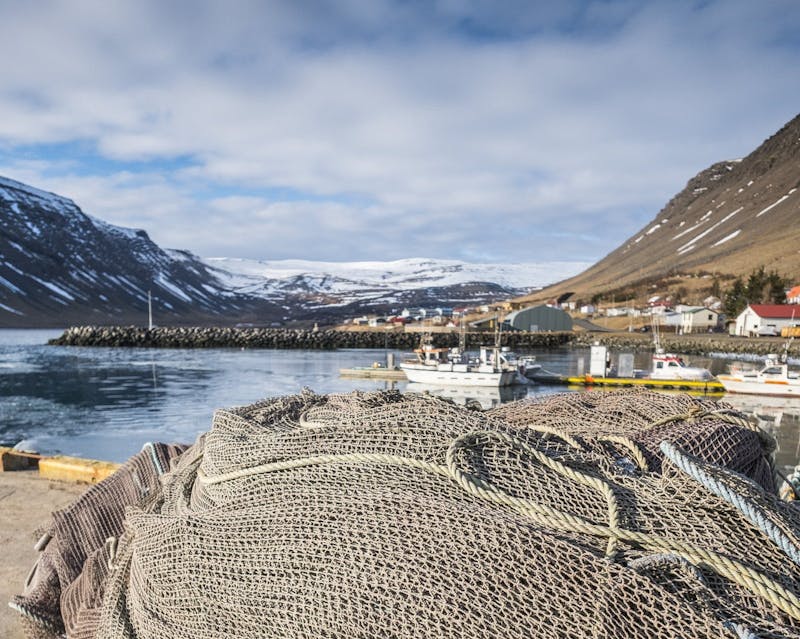 Fishernets and boats at harbour